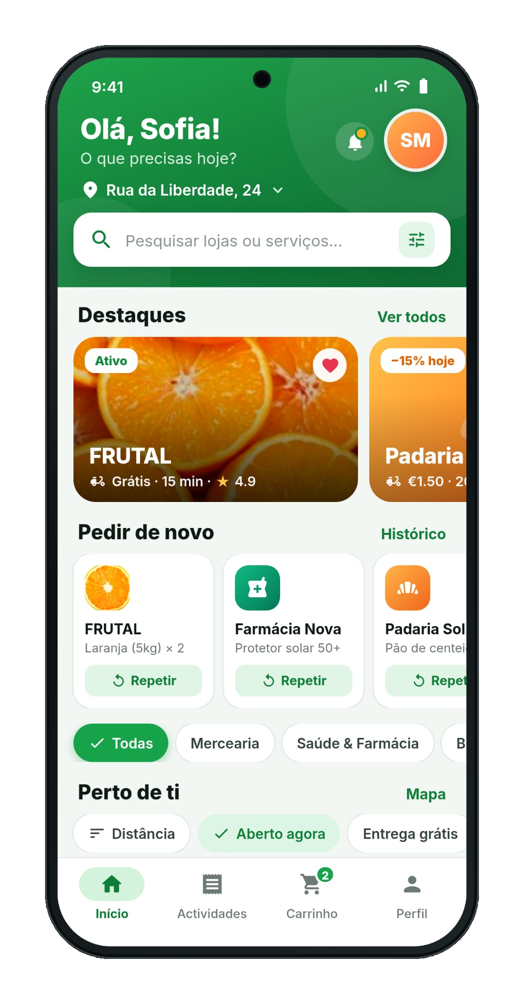 Ecrã inicial do cliente na app Connecta