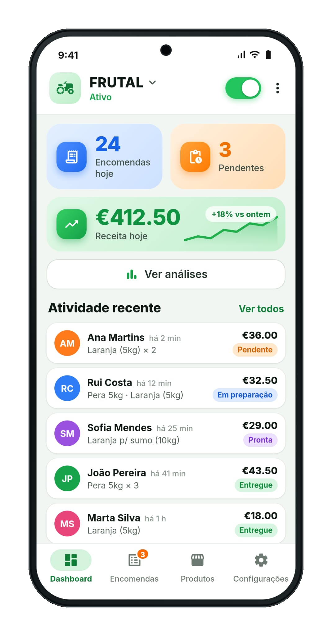 Dashboard da loja na app Connecta
